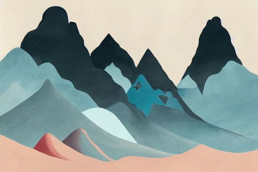 Mountains, rocky peaks, Abstract minimalistic style, One-stroke drawing, Hand-drawn by brush, Illustration, Hand painting, painting