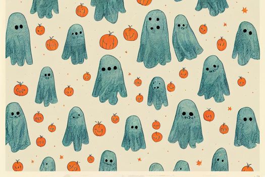 Graphic set of cartoon illustration and pattern with cute ghost. For children's T-shirt print, textile, Halloween decoration, wrapping paper, etc.