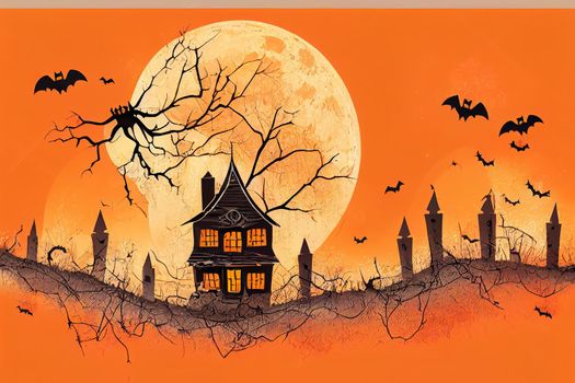 Halloween Background. Halloween orange background with many flying bats, old house, moon, trees.