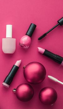 Cosmetic branding, fashion blog cover and girly glamour concept - Make-up and cosmetics product set for beauty brand Christmas sale promotion, luxury pink flatlay background as holiday design