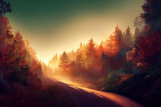 Forest Road Under Sunset Sunbeams. Lane Running Through The Autumn Deciduous Forest At Dawn Or Sunrise. Toned Instant Photo, anime style, style, toon,