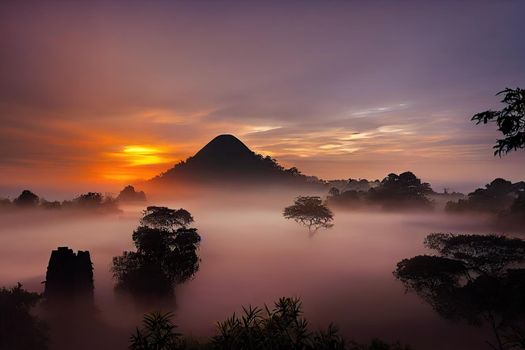 Sunrise, Misty Morning at Punthuk Setumbu, Yogyakarta Indonesia, photo were captured with a slow shutter speed, Long exposure with soft focus, digital art style, concept art style