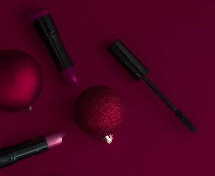 Cosmetic branding, fashion blog cover and girly glamour concept - Make-up and cosmetics product set for beauty brand Christmas sale promotion, luxury burgundy flatlay background as holiday design