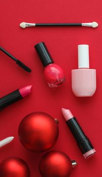 Cosmetic branding, fashion blog cover and girly glamour concept - Make-up and cosmetics product set for beauty brand Christmas sale promotion, luxury red flatlay background as holiday design