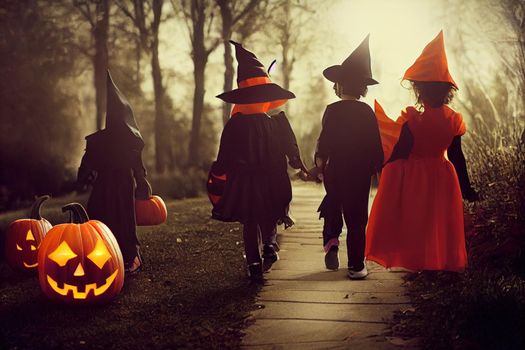 Group of kids with Halloween costumes walking to trick or treating