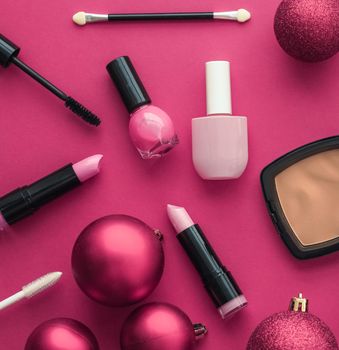 Cosmetic branding, fashion blog cover and girly glamour concept - Make-up and cosmetics product set for beauty brand Christmas sale promotion, luxury pink flatlay background as holiday design