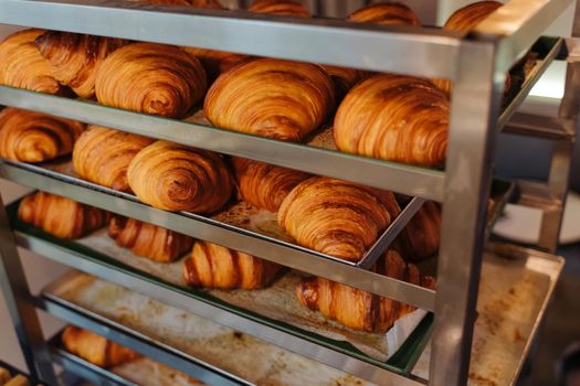 Production of delicious buns. Family bakery. Hot croissants on a metal tray. Fresh bakery. Rack with baked croissants.