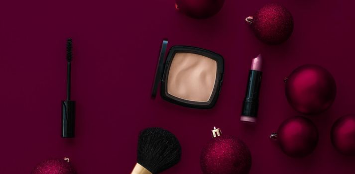 Cosmetic branding, fashion blog cover and girly glamour concept - Make-up and cosmetics product set for beauty brand Christmas sale promotion, luxury burgundy flatlay background as holiday design