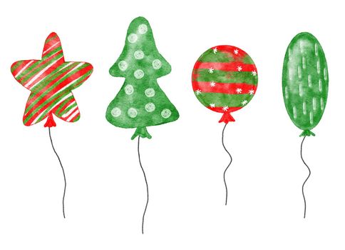 Watercolor hand drawn illustration of green red christmas hot air balloons. Design clipart for party celebration festive holiday festival birthday cards invitations. For kids children art