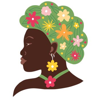Hand drawn illustration of black African American woman with flowers in hair head in profile. Mental health wellbeing harmony mind psychology concept, healing energy think green design, summer fashion
