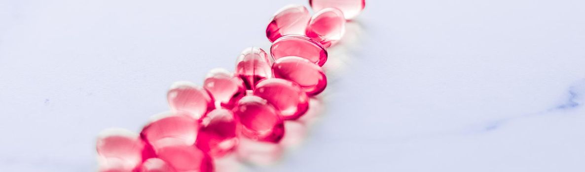 Pharmaceutical, branding and science concept - Red pills for healthy diet nutrition, supplements pill and probiotics capsules, healthcare and medicine as pharmacy and scientific research background