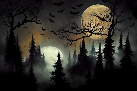 Halloween background.Spooky forest with full moon and bats flying