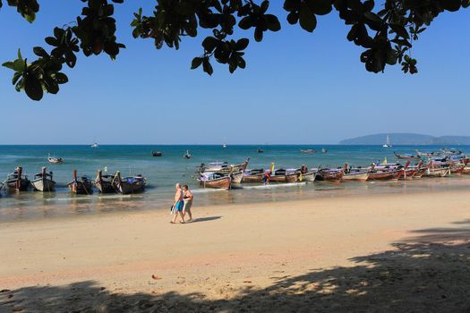 Longtail boats for tourists at Ao Nang ,the famous beach in Krabi province, Thailand