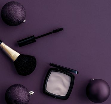 Cosmetic branding, fashion blog cover and girly glamour concept - Make-up and cosmetics product set for beauty brand Christmas sale promotion, luxury plum flatlay background as holiday design
