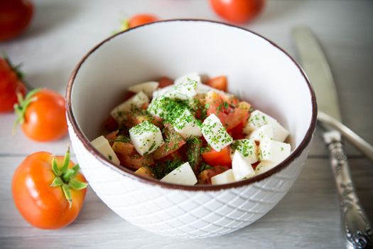 salad of fresh ripe tomatoes with mozzarella and spices in a bowl on a wooden table