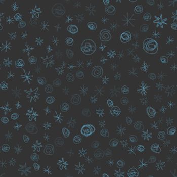 Hand Drawn Snowflakes Christmas Seamless Pattern. Subtle Flying Snow Flakes on chalk snowflakes Background. Adorable chalk handdrawn snow overlay. Curious holiday season decoration.