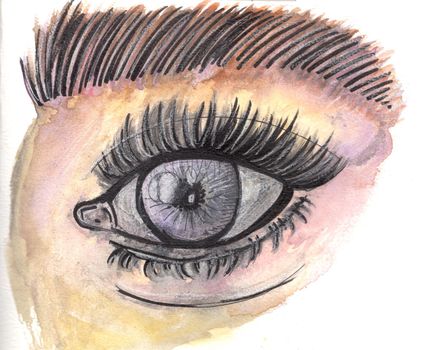 Hand drawn multicolored woman eye. Watercolor painting. Doodle illustration,