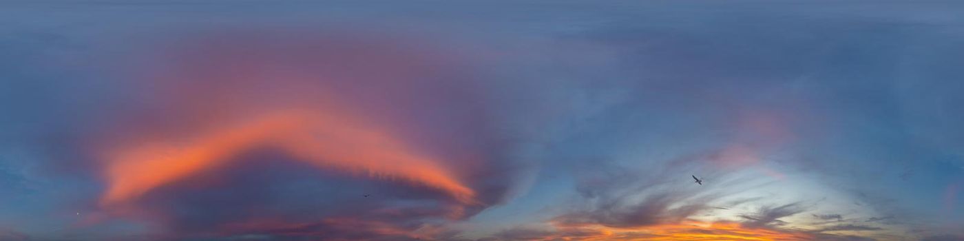 Dark blue sunset sky panorama with pink Cumulus clouds. Seamless hdr 360 pano in spherical equirectangular format. Full zenith for 3D visualization, game, sky replacement for aerial drone panoramas