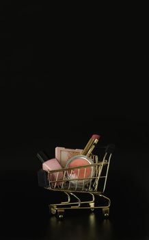 Shopping trolley full of make up and cosmetic goods on black background. Black friday concept. Sale and discount. Goods for women. Closeup of a basket with products for make-up. Beauty background, free space for text, copy space, modern layout, close up.