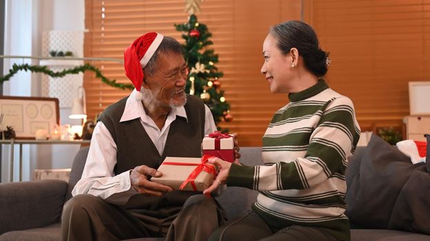 Senior couple exchanging Christmas gifts in front of Christmas tree at home. Family, holidays, age and people concept.