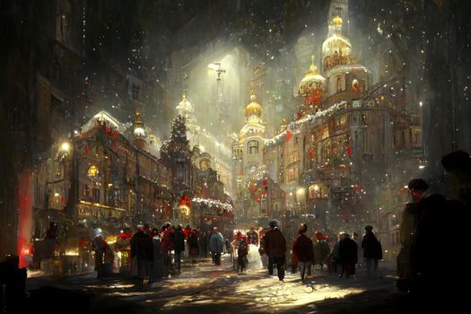 night crowded christmas european town street, neural network generated art. Digitally generated image. Not based on any actual scene or pattern.
