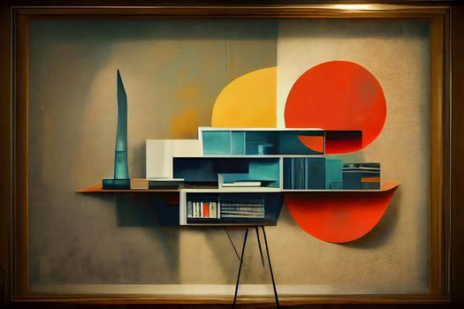 mid century modern abstract art, neural network generated picture. Digitally generated image. Not based on any actual scene or pattern.