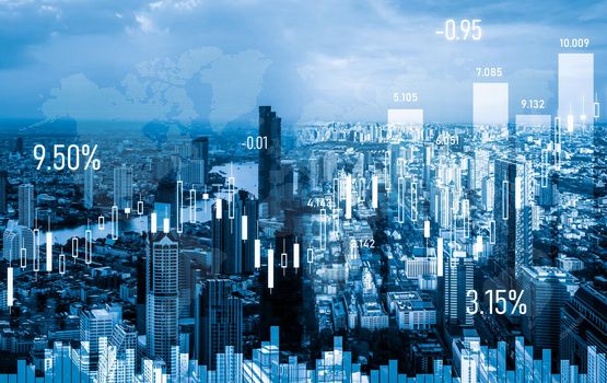 Stock market business concept. Financial graphs and digital indicators with modernistic urban area and skyscrapers as background. Double Exposure.