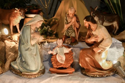 Christmas creche with Joseph Mary and small Jesus