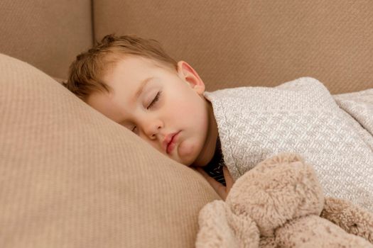 Little, cute caucasian boy sleeping on couch at home. Child taking day nap. Kid resting, relaxing with favorite fluffy toy. Sweet dreams, daily routine, healthy peaceful sleep. Cozy interior