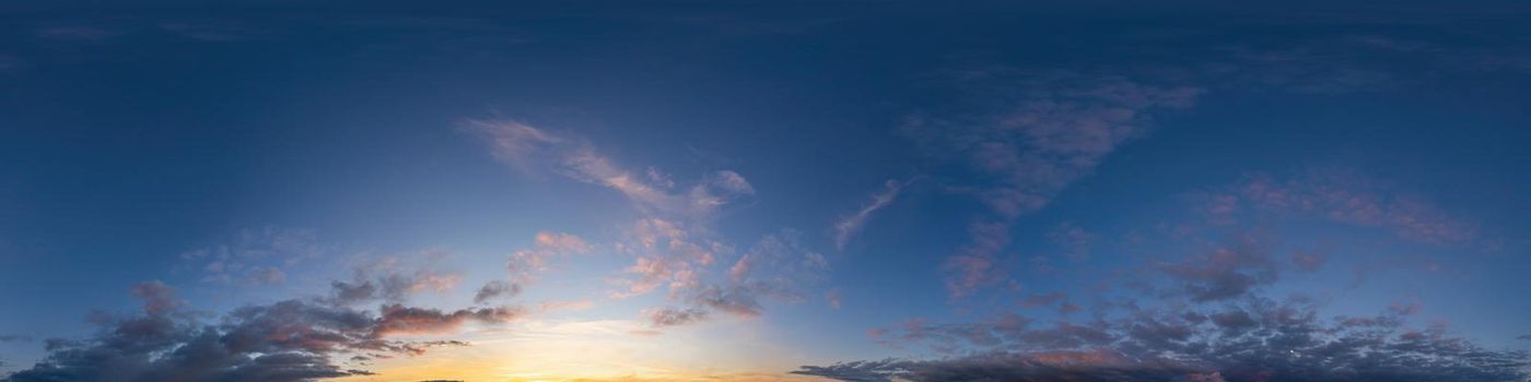 Dark blue twilight sky panorama with Cumulus clouds. Seamless hdr 360 panorama in spherical equiangular format. Full zenith or sky dome for 3D visualization, sky replacement for aerial drone panoramas