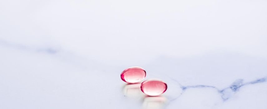 Pharmaceutical, branding and science concept - Red pills for healthy diet nutrition, supplements pill and probiotics capsules, healthcare and medicine as pharmacy and scientific research background