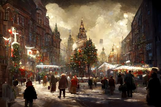 night crowded christmas european town street, neural network generated art. Digitally generated image. Not based on any actual scene or pattern.