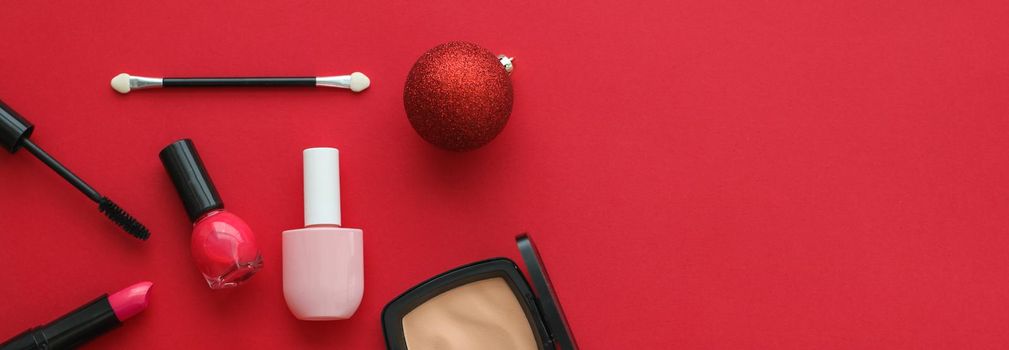 Cosmetic branding, fashion blog cover and girly glamour concept - Make-up and cosmetics product set for beauty brand Christmas sale promotion, luxury red flatlay background as holiday design