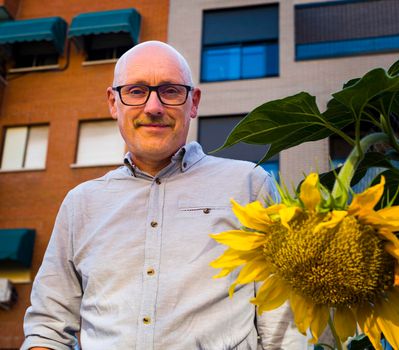 Portrait of Spanish youtuber Juanjo Rogriguez at the presentation of his book. Expert in recovering traditional methods for the creation of vegetable gardens.