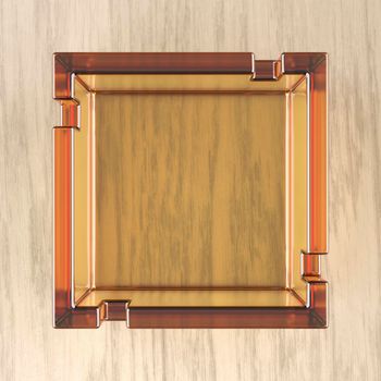 Empty glass ashtray on wooden table, top view