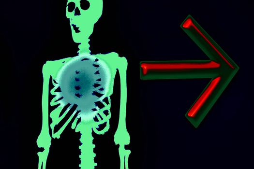the night of October 31, the eve of All Saints' Day, commonly celebrated by children who dress in costume .Halloween green funny skeleton with red arrow indicating the direction on a black