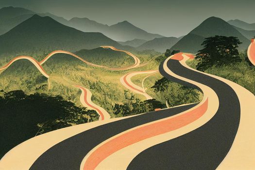 Beautiful Curvy roads on Old Silk Route, Silk trading route between China and India, Sikkim, 2d illustration, 2d style