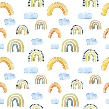 Spring watercolor rainbow and cloud seamless pattern for decoration. Childish aquarelle paintings with weather elements and heart