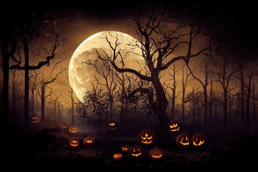 Halloween background.Spooky forest with full moon and bats flying
