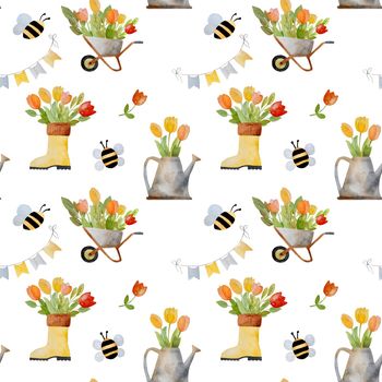 Spring watercolor set with tulip bouquet in rubber boot and watering can, bees seamless pattern. Cute aquarelle drawings collection with flowers and garden tools