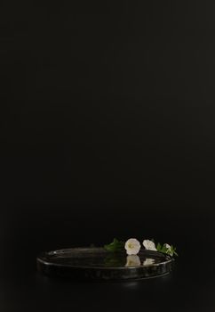 Black podium on the black background with flowers. Podium for product, cosmetic presentation. Creative mock up. Pedestal or platform for beauty products. Minimalist design, vertical view.