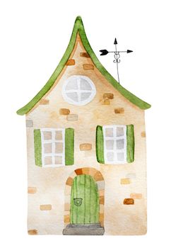 Spring watercolor house painting on white backgroung. Cozy home building aquarelle drawing for postcard