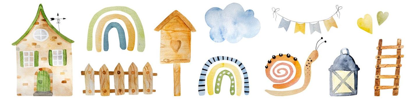 Spring watercolor set with tulip bouquet, garden tools and rubber boots. Cute aquarelle drawings collection with flowers, bee and bird house