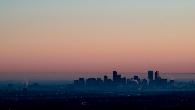 A view of downtown Denver right before sunrise.