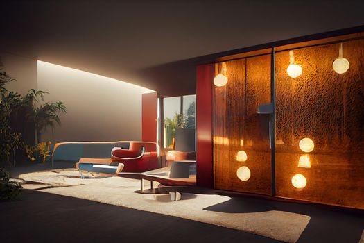 mid century modern style interior, neural network generated art. Digitally generated image. Not based on any actual scene or pattern.