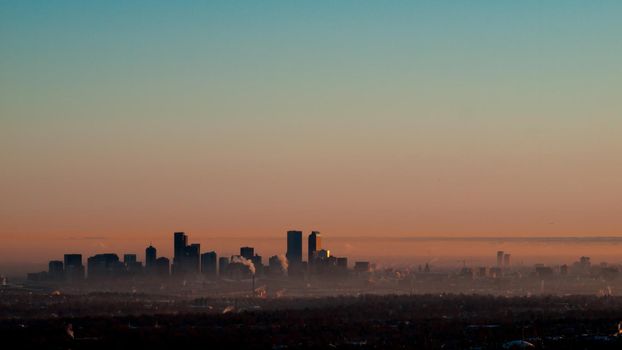 A view of downtown Denver right before sunrise.