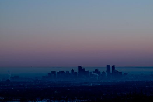 A view of downtown Denver right before sunrise.