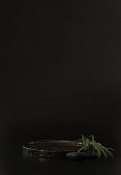 Black podium on the black background with tropical leaves and spa rocks. Podium for product, cosmetic presentation. Creative mock up. Pedestal or platform for beauty products. Minimalist design, vertical view.