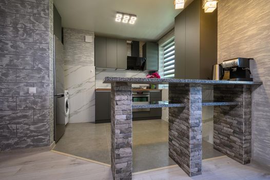 Real showcase interior of cozy designed modern trendy gray kitchen