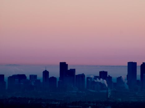 A view of downtown Denver right before sunrise.